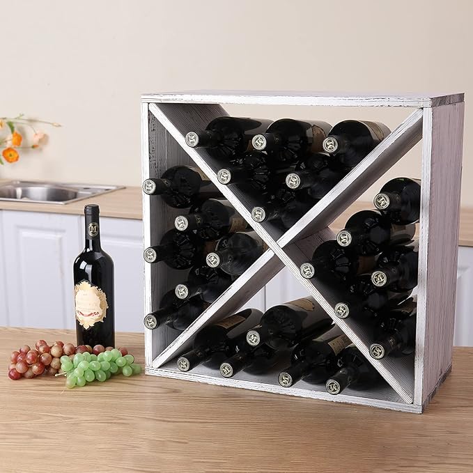 Wine Rack countertop Wooden Stackable Storage Rustic Retro Style Cube 24-Bottle Wooden Wine Rack Wine Cabinet (Weathered White), ja02