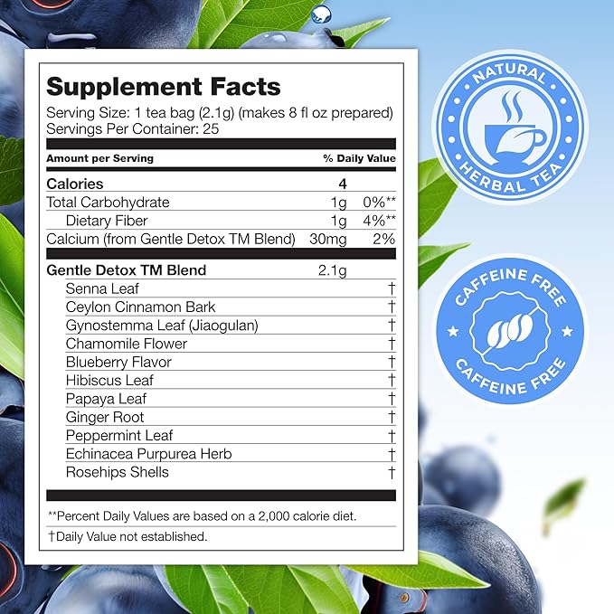 Total Tea SIimming Detox Tea Caffeine Free - 25 Day Detox - Herbal Tea with Chamomile, Hibiscus Tea & Ginger Root for Colon Cleanse ??Natural Bluebberry Fruit Tea