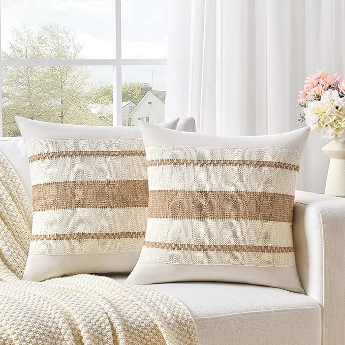 Fancy Homi Set of 2 Boho Neutral Decorative Throw Pillow Cover 20x20 Inch for Couch Bed Sofa, Aesthetic Modern Organic Farmhouse Home Decor, Soft Cotton Cute Accent Macrame Woven Tan Cushion Case