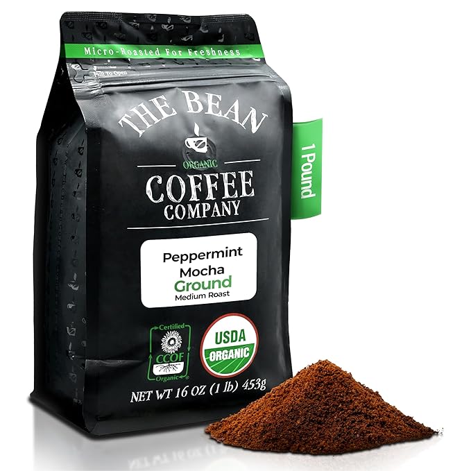 The Bean Organic Coffee Company Peppermint Mocha, Medium Roast, Ground Coffee, 16-Ounce Bag,Caf챕 molido tostado organico