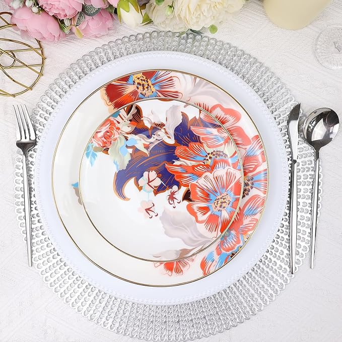 Set of 12 White Charger Plates with Beaded. 13" Reusable Plastic Table Chargers for Dinner Plates