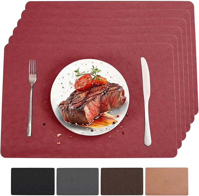 Bxzandya Vinyl Placemats Set of 6 Heat Resistant Easy Clean Non-Slip Place Mats for Dining Table Faux Leather Waterproof Stain Resistant Wipeable Washable PVC Table Mats(6, Red)