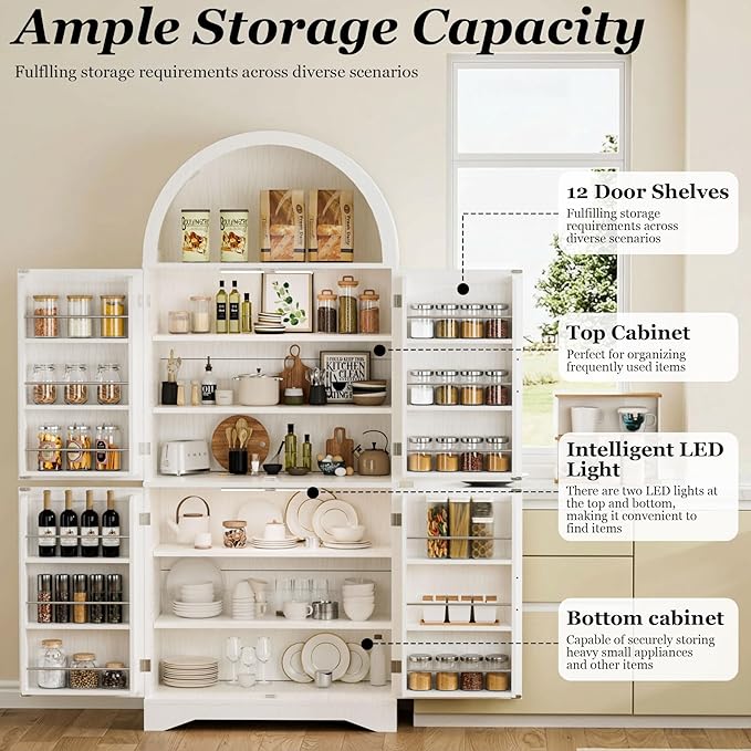 Arched Pantry Cabinet, 70" Tall Arched Cabinet with Adjustable Shelves and Induction 3 Color Lights, Kitchen Pantry Cabinets, Cupboard with Barn Doors for Kitchen or Living Room, White