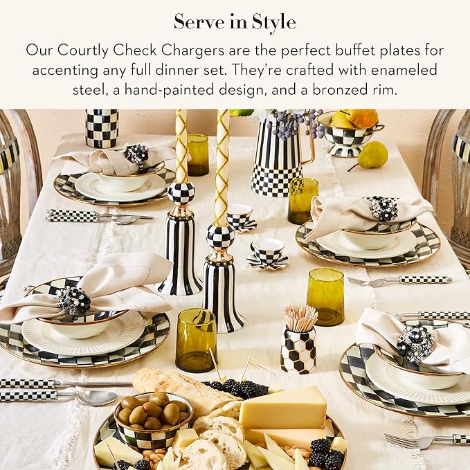 MACKENZIE-CHILDS Enamel Charger Plate, Charger Decoration for Dinner Plates or Home Decor, 12 Inches, Black-and-White Courtly Check, Set of 4
