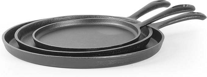 Commercial CHEF Round Cast Iron Griddle Pan 3-Piece Set ??8-inch, 10-inch, and 12-inch - Pre-seasoned Griddle Cast Iron Cookware