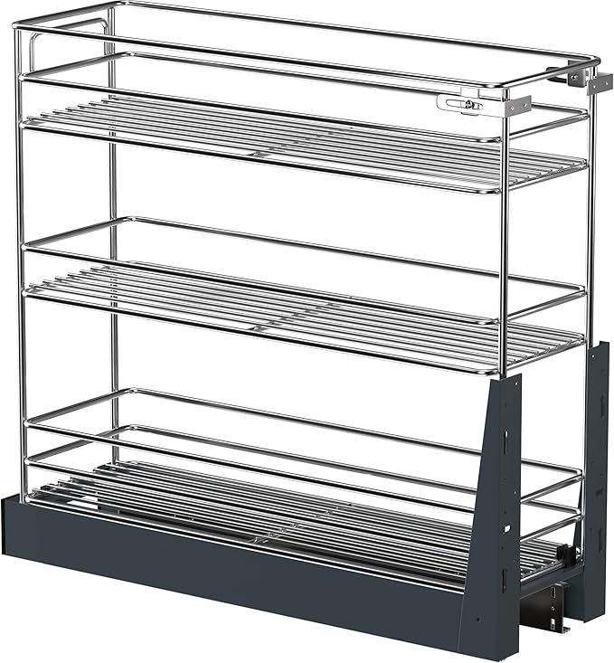 Pull Out Spice Rack for Narrow Cabinet (9.6" W X 19.7" D), Heavy Duty 3 Tier narrow PullOut Cabinet Organizer and Slide Out Shelves for inside Base Cabinets, Filler Pantry Storage
