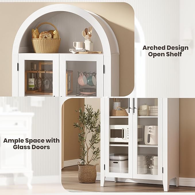 GarveeHome Arched Kitchen Pantry Storage Cabinet - Farmhouse 5 Tier Display Shelf with Adjustable Shelf and 2 Large Glass Doors, Versatile Cupboard for Kitchen, Dining Room, Living Room, White