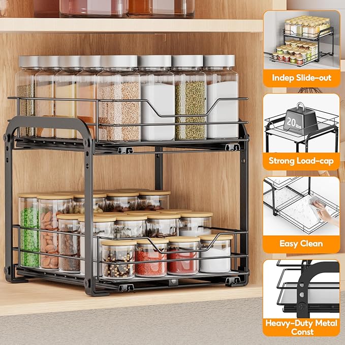 Spice Rack Organizer for Cabinet, 2 Tier Vertical Pull Out Spice Rack ??Heavy Duty Metal Spice Organization for Cabinet, 40-Jar Capacity, Height Adjustable Cabinet Organizer (9"W횞10.5"D횞9"H, Black)
