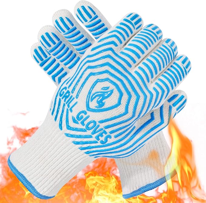 QUWIN BBQ Gloves, Oven Gloves 1472??Extreme Heat Resistant, Grilling Gloves Silicone Non-Slip Oven Mitts, Kitchen Gloves for BBQ, Grilling, Cooking, Baking-1 Pair??(Blue, One Size Fits Most)