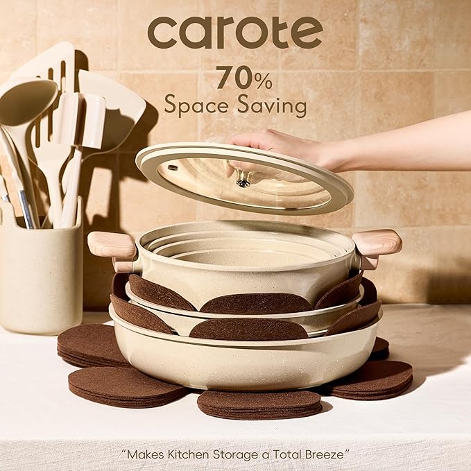 CAROTE 25PCS Ceramic Cookware Set, Pots and Pans set Non Stick, RV Kitchen Cooking Set Removable Handles, Oven Safe, Induction Cookware, Non-toxic Kitchen Cooking Set, PFAS and PFOA Free