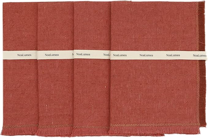 Noalumea 100% Linen Placemats Set of 4 ??Thick Terracotta Table Mats with Hand-Frayed Edges, Machine Washable, Elegant Dining Table Decor for Everyday Meals & Holiday Gatherings, 14 x 19 Inch