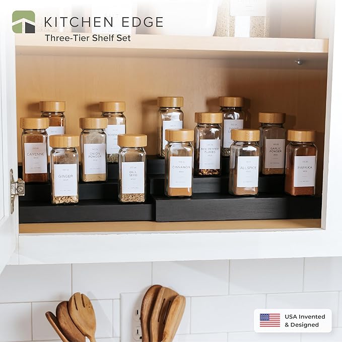 KitchenEdge Expandable Spice Rack Organizer for Cabinet, 3-Tier Shelf for Spice Organization (11??to 22??, Fits 36 Spice Jars, Seasoning and Pantry Storage, Non-Slip Feet, 100% Bamboo, Black Finish