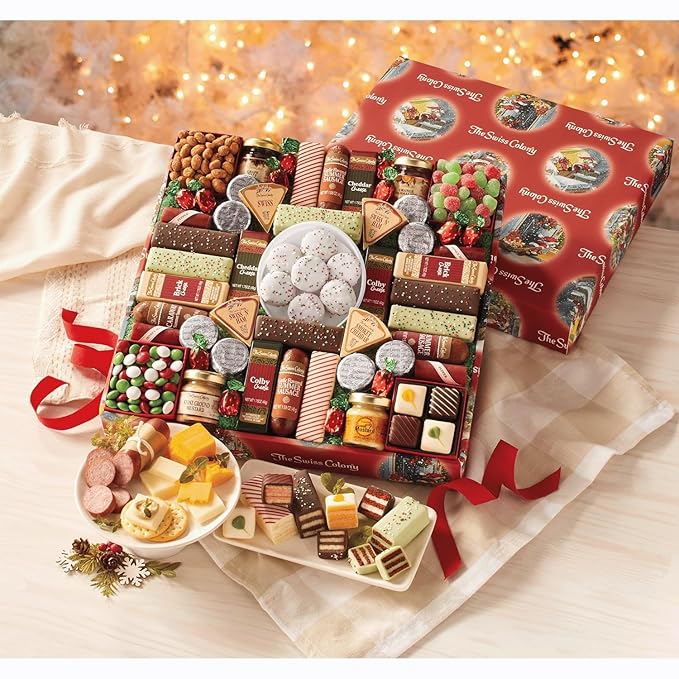 2 Holiday Gift Boxes - The Swiss Colony 43 Season Pleasers - Assorted Summer Sausage Meats, Mini Meat Sticks, Cheese Bricks and Wedges, Candies, & Chocolate Treats, Meat and Cheese Gift Set