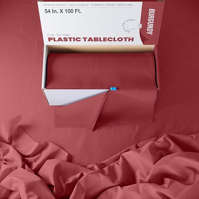 Exquisite Burgundy Plastic 54x100in Table Cover Roll with Built-in Cutter - 100 Feet, Rectangular, Disposable, All-Season, 1 Count