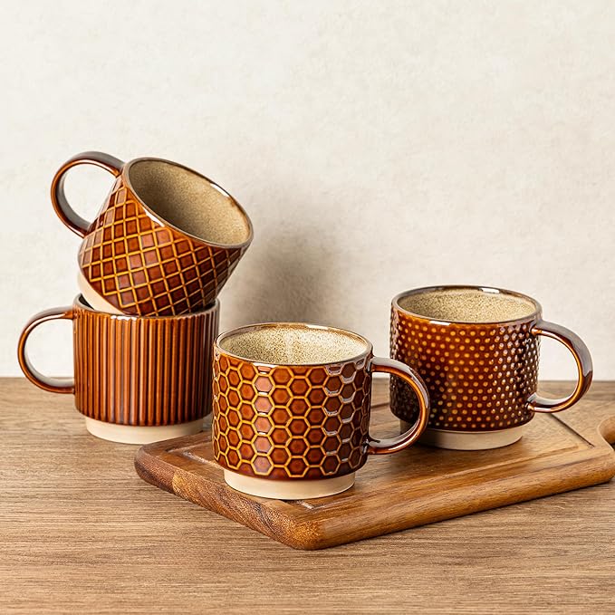 GBhome 15OZ Stackable Coffee Mugs, Ceramic Coffee Cups with Texture Patterns for Man,Woman,Dad,Mom, Modern Mugs Set of 4 for Latte/Cappuccino/Cocoa. Dishwasher&Microwave Safe, Caramel