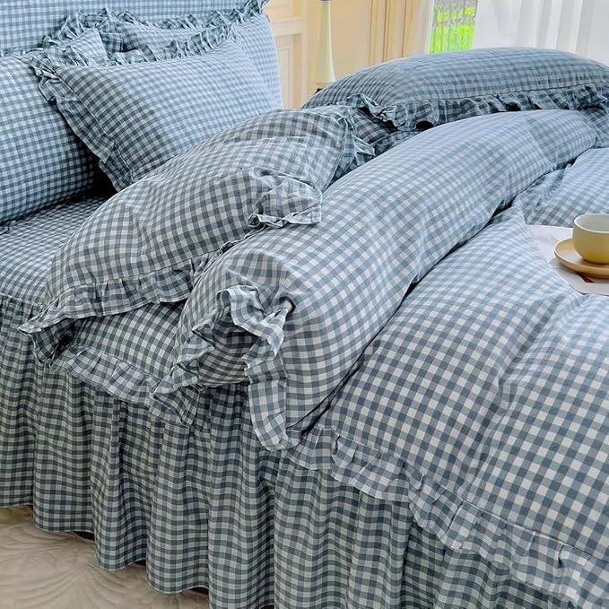 LifeTB Blue Gingham Comforter Set Full Size Ruffle Plaid Grid Bed Comforter Set with 2 Pillowcases Lightweight Gingham Bedding Set Soft Fluffy Farmhouse Plaid Checkered Pattern Comforter Full Size