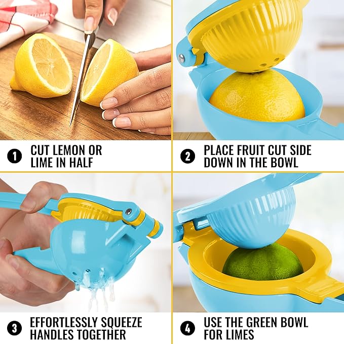 Zulay Metal 2-In-1 Lemon Squeezer Manual - Sturdy, Max Extraction Hand Juicer Lemon Squeezer Gets Every Last Drop - Easy to Clean Manual Citrus Juicer - Easy-to-Use Lemon Juicer Squeezer - Blue/Yellow