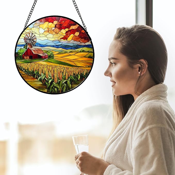 Stained Glass Window Hanging Autumn Farm Corn Harvest Landscape Large 11.8" - Suncatcher Garden Door Sun Catcher Home Decor Birthday Christmas for Woman Mom Friend Men Nana