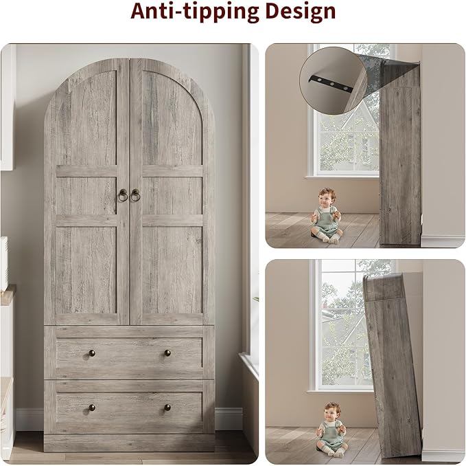 CABIHOME 72" Tall Arched Kitchen Pantry Cabinet, Freestanding Farmhouse Storage Cupboard with Doors, Drawers & Shelves, Versatile Wooden Organizer for Dining Room, Living Room, Rustic Gray