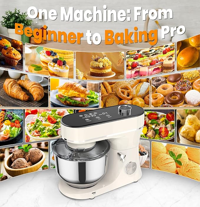 Stand Mixer 6QT Kitchen Mixer with LED Smart Touchscreen, 11-Speed Tilt-Head Mixer with Timer, 4 Preset Menus, Stainless Steel Bowl, Dough Hook, Whisk, Beater,White