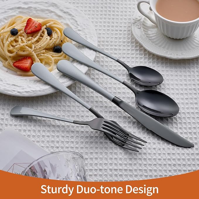 20 Piece Black gray 18/0 Flatware Utensil Set for 4, Include Dinner Knife,Dinner Forks,Dinner Spoons,Salad Forks,Teaspoons,Silverware Set for 4, Dishwasher Safe