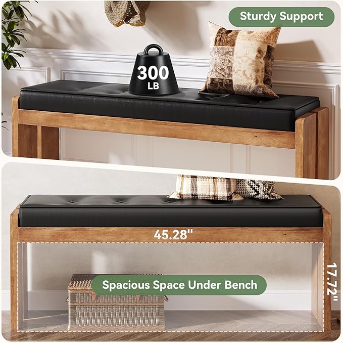 TRIBEWOOD 47-Inch Solid Wood Entryway Bench, Modern End of Bed Bench with Button-Tufted Leather Pad and Wooden Legs, for Living Room, Bedroom, Kitchen, Hallway, Black & Brown