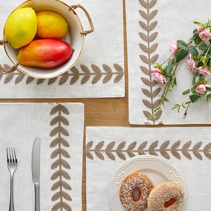Wracra Embroidered Placemats, 13 x 18 Inch Set of 4 Placemats, Irregular Willow Rustic Place Mats for Kitchen Table and Heat Resistant, Taupe 4PCS