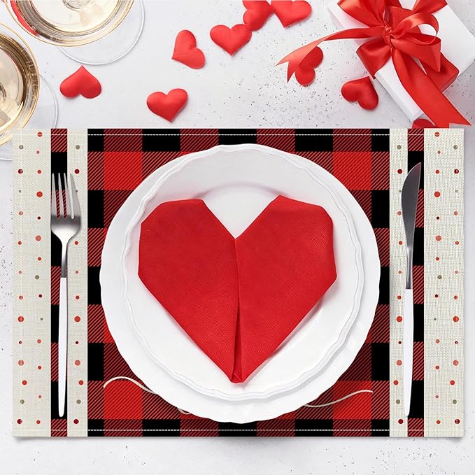 Valentine Placemats Set of 4, 12x18 Inch Buffalo Plaid Love Hearts Table Mats, Seasonal Anniversary Holiday Valentines Day Table Decorations for Kitchen Dining Home Party Decor