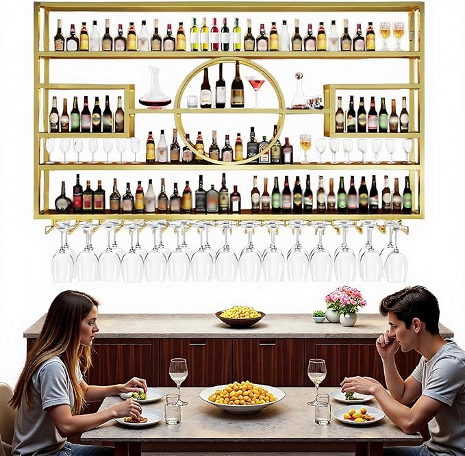 59" Metal Wine Rack Wall Mounted, Multi Functional Bar Shelves for Liquor Bottles with Glass Holder, Modern Wood Bar Shelves Wall Mounted for Home Bar & Dining Room, Gold(57" Height)