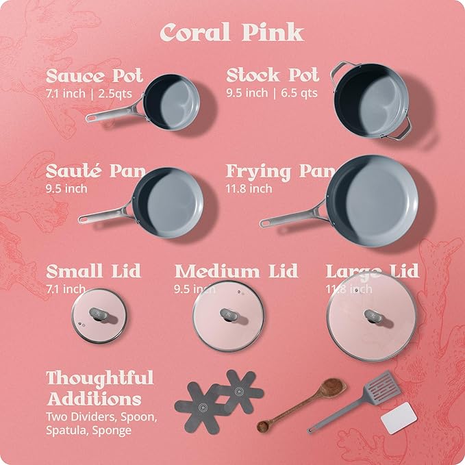 Premium Non-Toxic Ceramic Cookware Set ??Triple-Layer Nonstick 12 Piece Pots and Pans with Lids, PFAS-Free, Oven Safe for Healthy Meals, Space-Saving Design, Coral Pink Color | Greater Goods