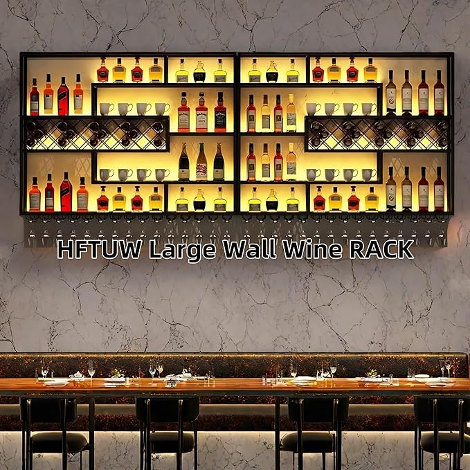 118 Inch Iron Wall Mounted Wine Rack & Bar Shelf for Liquor Bottles, Industrial Wall Bar Shelf with LED Lights, Large Capacity Metal Hanging Goblet Rack for Kitchen, Dining Room, Black