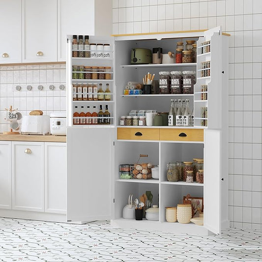 Zateety High Freestanding Kitchen Pantry Large Cupboard Storage Cabinet with 2 Drawers, 2 Adjustable Shelves, 8 Door Shelves for Kitchen, Dining Room,White