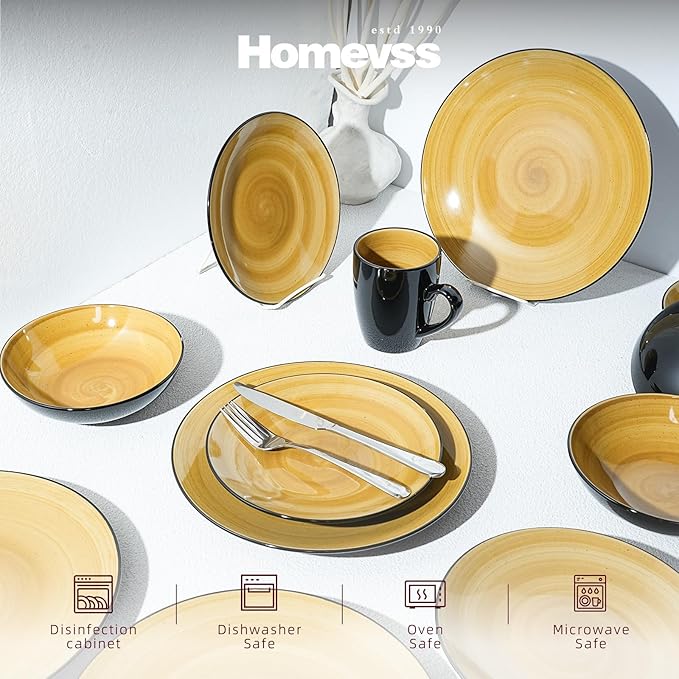 Stoneware Sonoma 16pc Dinnerware Set, Black + Speckled Spin Wash Yellow