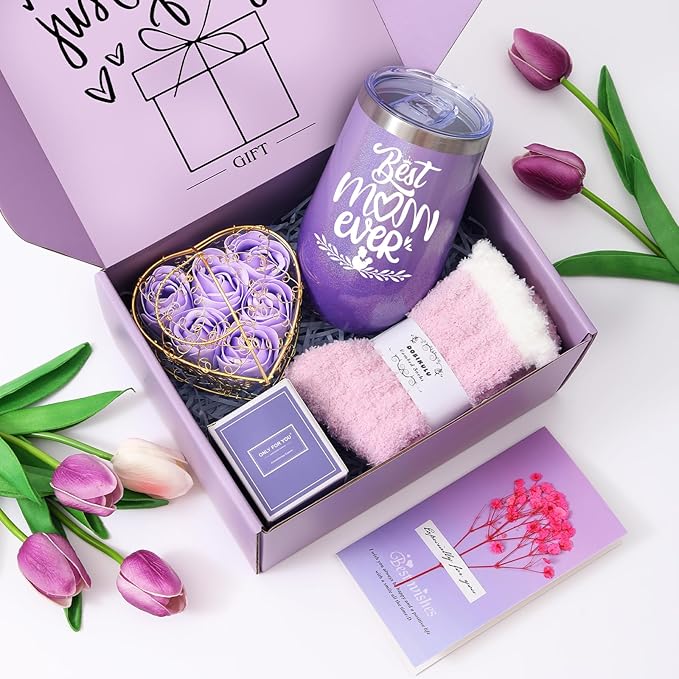Christmas Gift baskets for Mom, Christmas Gift Sets for Mother from Daughter Son, Birthday, Thanksgiving Day, Care Package for Mother with Canvas Tote Bag Sock Tumbler Soap Flower
