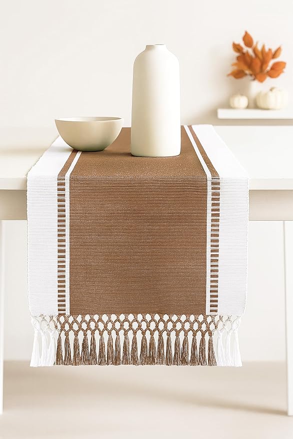 PurpleEssences Table Runner - Wide with Dobby Stripe, Heavy Ribbed Weave & Double Knot Fringes, 14x72 Inch (14x77.5 with Fringes) Farmhouse Decor -Christmas Holiday Winter- Nut Brown and H.White