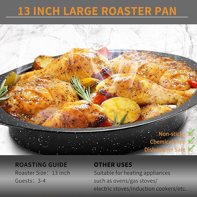 JY COOKMENT Granite Roaster Pan, Small 13??Enameled Roasting Pan with Domed Lid. Oval Turkey Roaster Pot, Broiler Pan Great for Small Chicken, Lamb. Dishwasher Safe Cookware Fit for 7Lb Bird