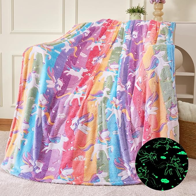 QSTEHEML Unicorns Glow in The Dark Blanket for Girls,Unicorn Gifts for Girls Age 3 4 5 6 7 8 9 10 11 12 Year Old, Soft Unicorns Rainbow Blanket - Christmas Birthday Bedroom Decor 50"횞60"
