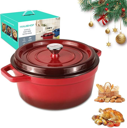 HAUSHOF 5.3QT Enameled Cast Iron Dutch Oven with Lid, Non-Stick Pot for Sourdough Bread Baking, Stewing, Rosting, Island Spice Red