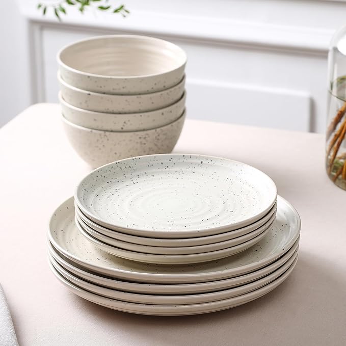 Stone Lain Dua 12-Piece Dinnerware - Stoneware, Plate and Bowls, Dishwasher and Microwave Safe, Dish Set for 4, White