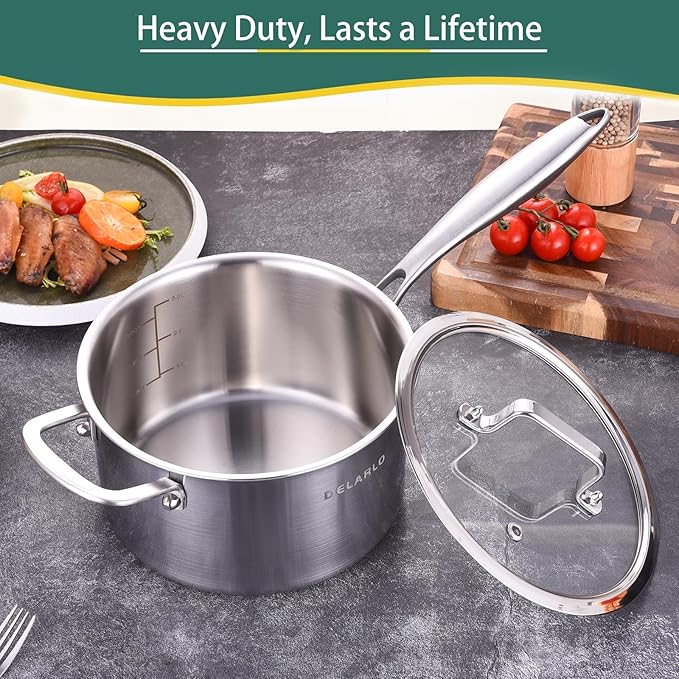 DELARLO Tri-Ply Stainless Steel Saucepan, 3.5 QT Saucepan with Lid, All Stove Compatible 600?? Induction Sauce Pot, Heavy Duty Saucier, Dishwasher Safe Saucepan, Induction Pot 3.5 Quart, Even Heat