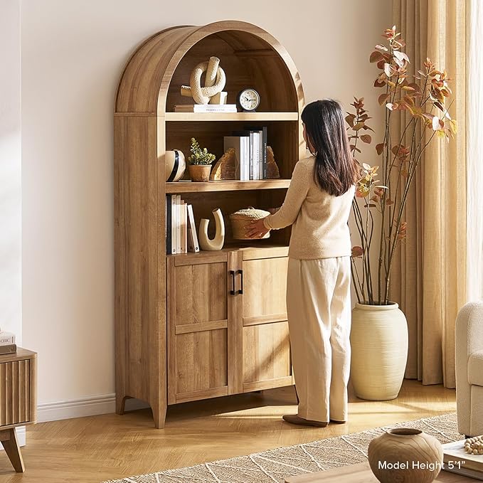 mopio Lauren 77.4" Tall Arched Cabinet, The Original 5-Tier Bookcase with Doors and Adjustable Shelves, Arch Bookshelf with Storage, Wooden Storage Cabinet for Living Room and Kitchen Pantry (Oak)