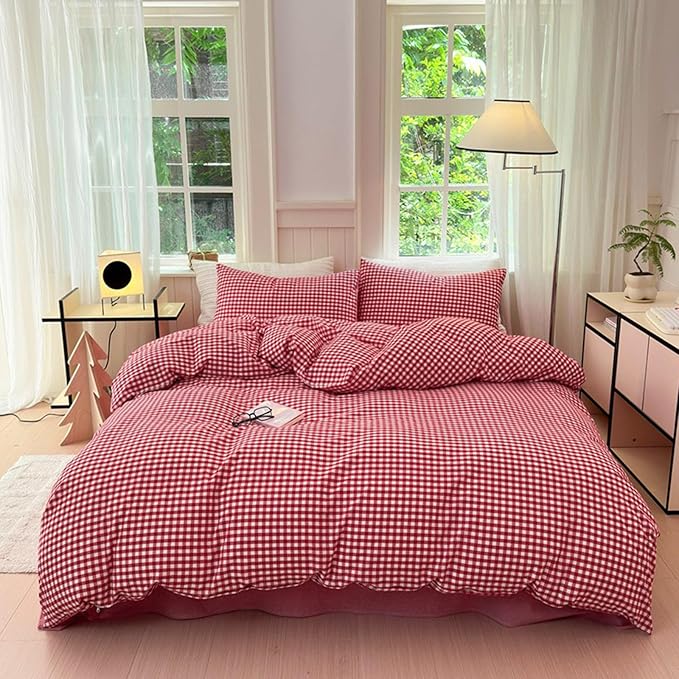 LifeTB Red Gingham Comforter Set Twin XL Modern Style Red Plaid Comforter Set 3 Pieces Soft Fluffy Grid Checkered Pattern Comforter with 2 Pillowcases Farmhouse Gingham Bedding Set Breathable