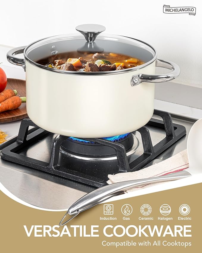 MICHELANGELO Pots and Pans Set Non Stick - Ceramic Cookware Set Non Toxic, 8-Pcs Nonstick Pots and Pans with Ergonomic Handle, Dishwasher Safe & Induction Compatible, Cream