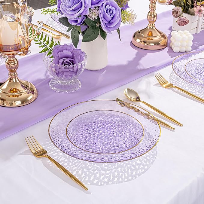SUT 100Pcs Purple Plastic Plates, Hammered Plates Disposable Heavy Duty, Purple Disposable Plates With Gold Rim, Fancy Plastic plates Include 50 Dinner and 50 Dessert plate for Wedding