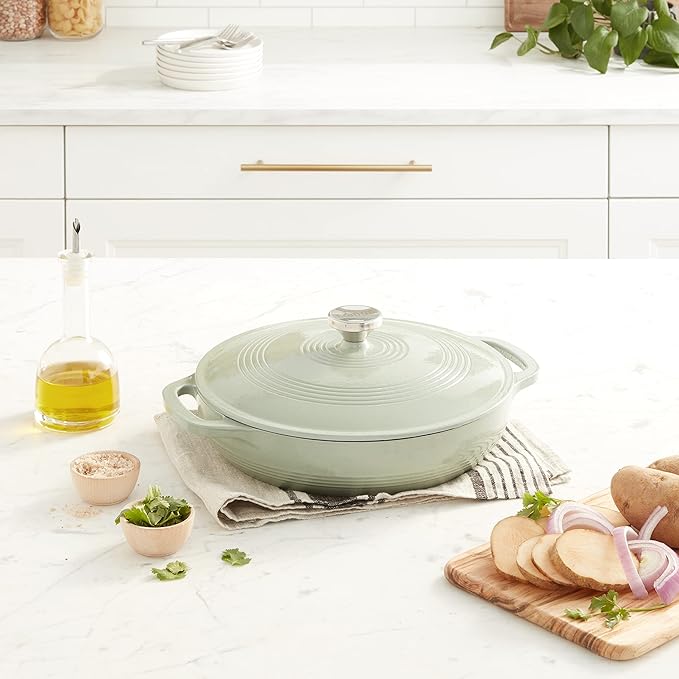 Lodge 3.6 Quart Enameled Cast Iron Covered Casserole with Lid ??Dual Handles ??Oven Safe up to 500째 F or on Stovetop - Use to Marinate, Cook, Bake, Refrigerate and Serve ??Desert Sage