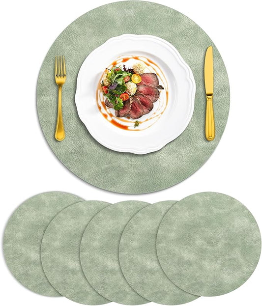 ADRIMER Placemats, Heat Resistant Round Placemats Set of 6 Washable, Waterproof Table Mats, Wipeable Faux Leather Place Mats for Kitchen, Dining Room, Green