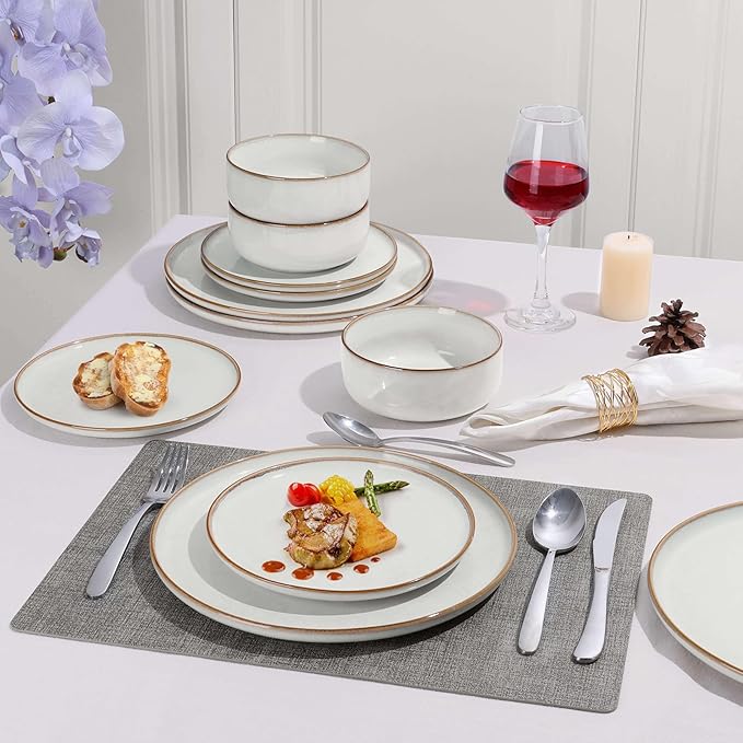 Herogo 18-Piece Stoneware Dinnerware Set for 6, Handmade Plates & Bowls with Double Reactive Glaze, Microwave and Dishwasher Safe, Scratch Resistant, Ivory White