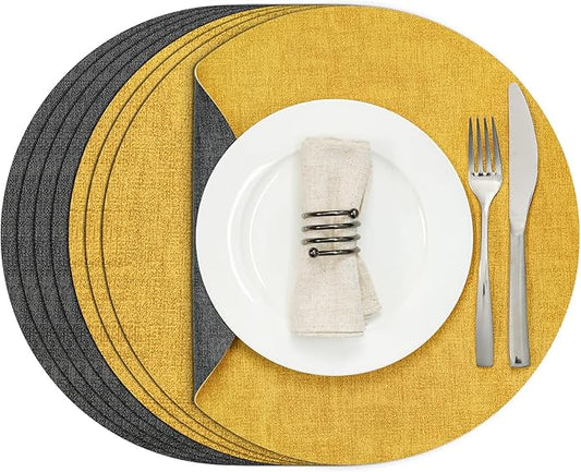 Myir JUN Round Placemats Dual Sided, Faux Leather Place Mats Set of 4 Indoor Placemats for Dining Table Outdoor Placemats Non-Slip Washable Table Mats (Set of 8, Gray Yellow)