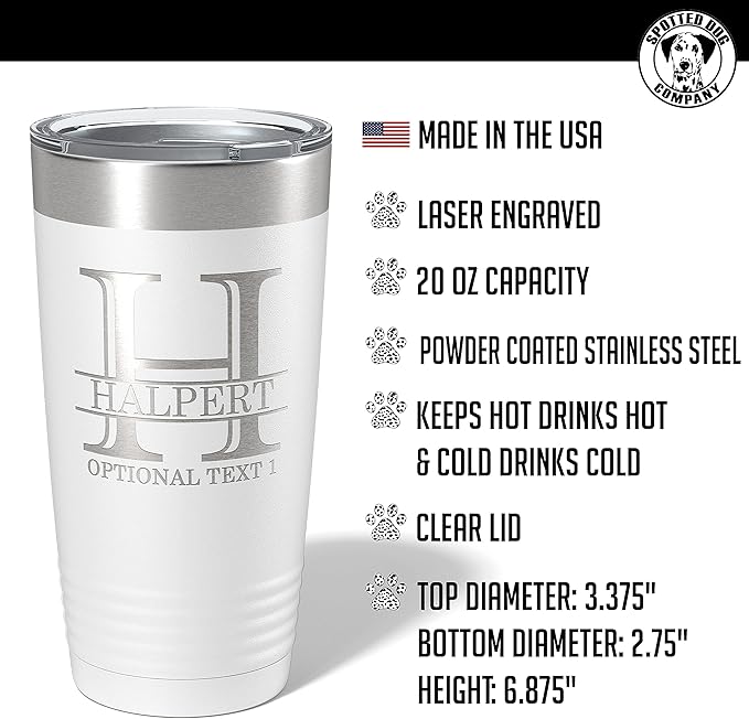 Personalized 20oz (17 Colors) Powder Coated Insulated Stainless Steel Tumbler with Lid, Custom Etched, Customized Engraved Gift Idea for Women Men Her Him, Halpert Monogram Initial Name (White)