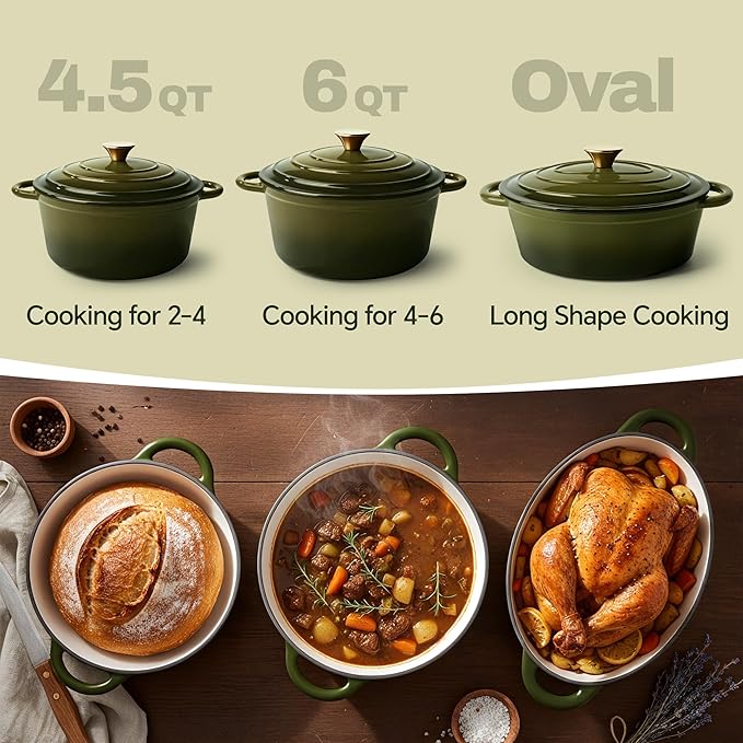 Vintage Style 6 Quart Dutch Oven Pot with Lid, Non Stick Enameled Cast Iron Dutch Oven for Bread Baking, Heavy-Duty, Oven Safe Ceramic Cookware Up to 500째F for Baking, Braising, Stews, Roasting, Golden Green